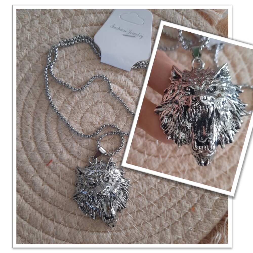 Men's Stainless Steel Gothic Necklace - Wolf Pendant, NEW!
